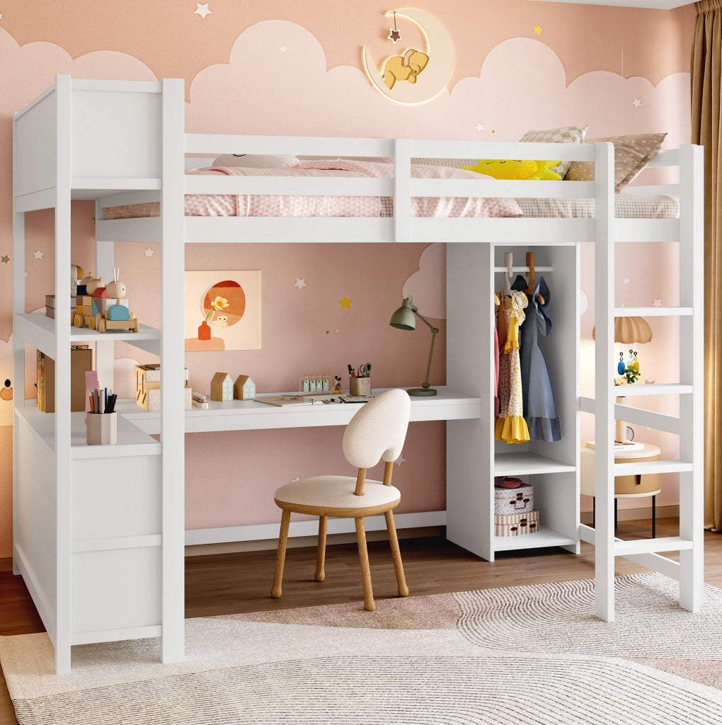 Letto a soppalco 140x200 cm con scrivania, armadio e ripiani, bianco, senza materasso