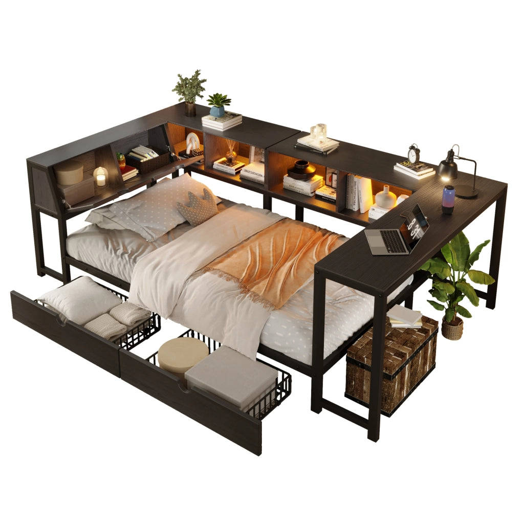 Letto singolo 90 x 200 cm nero con scrivania, cassetti e luce a più colori
