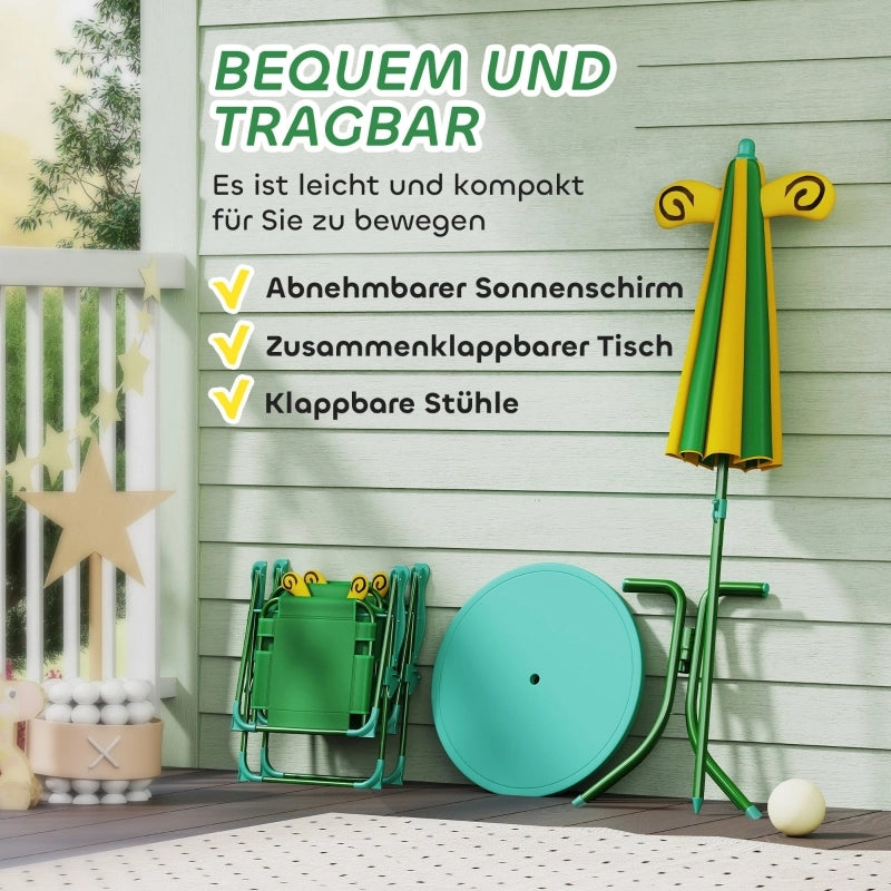 Set mobili da giardino per bambini, tavolo, sedie e ombrellone, design ape, verde e giallo