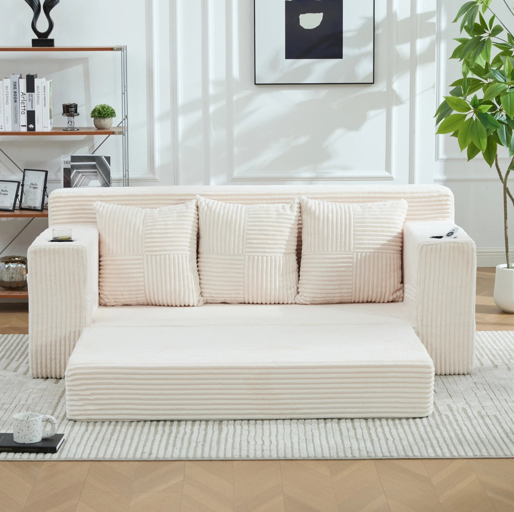 Divano modulare beige in velluto a coste con portabicchieri