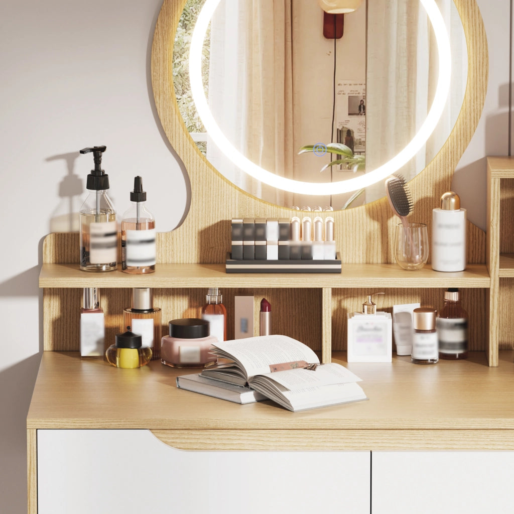Toeletta con specchio e illuminazione LED regolabile; sgabello imbottito; 2 cassetti e vani; MDF effetto legno naturale