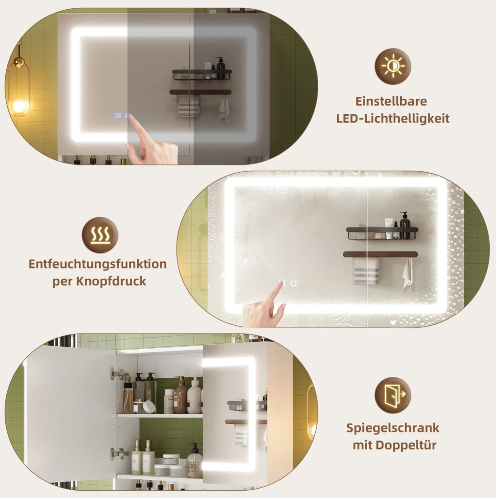 Armadietto a specchio bianco per bagno con illuminazione e funzione antiappannamento, 80 x 17 x 70 cm