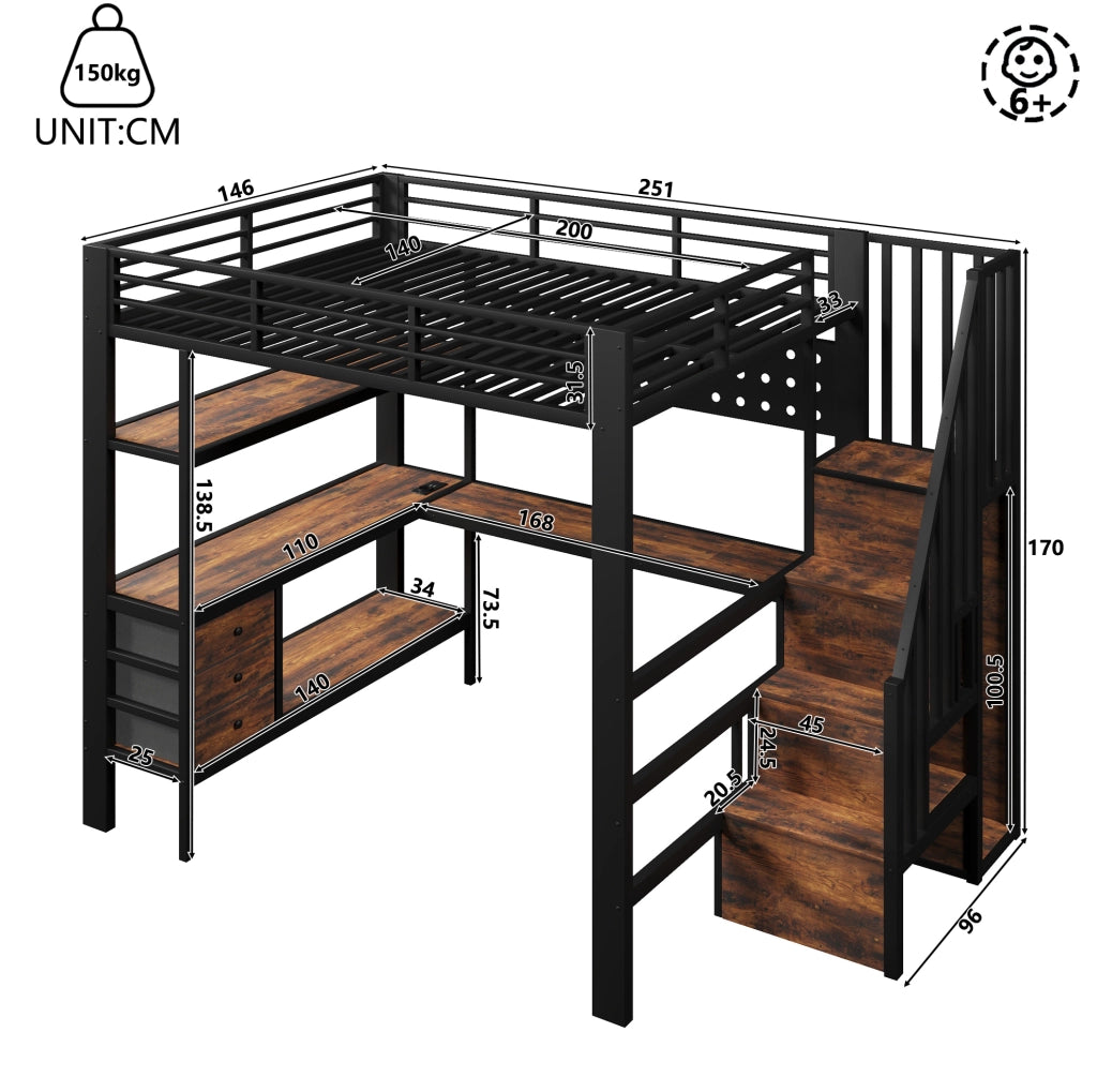 Letto a soppalco in metallo 140x200 cm con scrivania, cassetti, pannelli forati LED e presa, nero