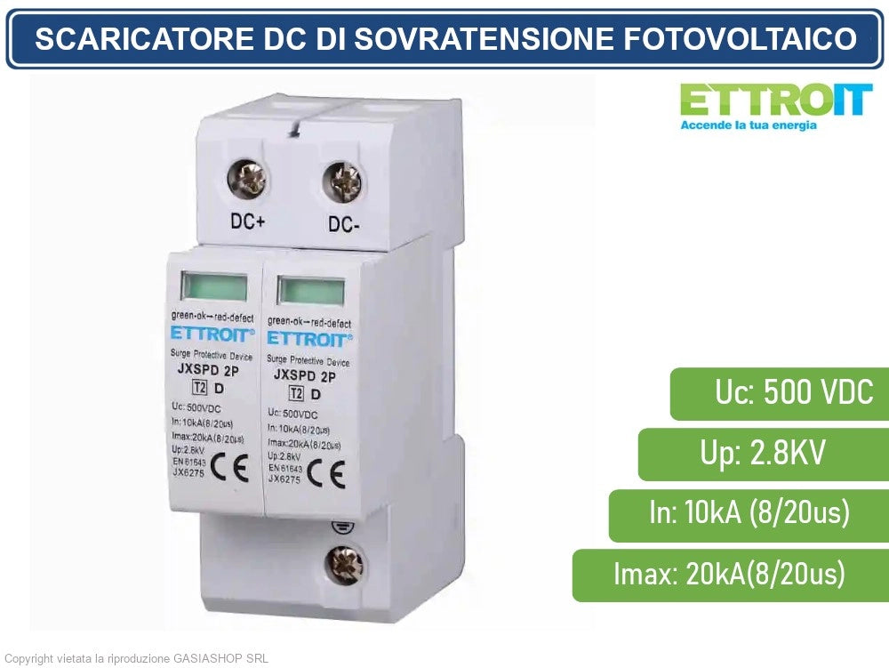ETTROIT - SCARICATORE LIMITATORE DI SOVRATENSIONE DC PER FOTOVOLTAICO TIPO 2 T2 D 2P DC 500V 2.8KV 10KA OCCUPA 2 MODULI DIN