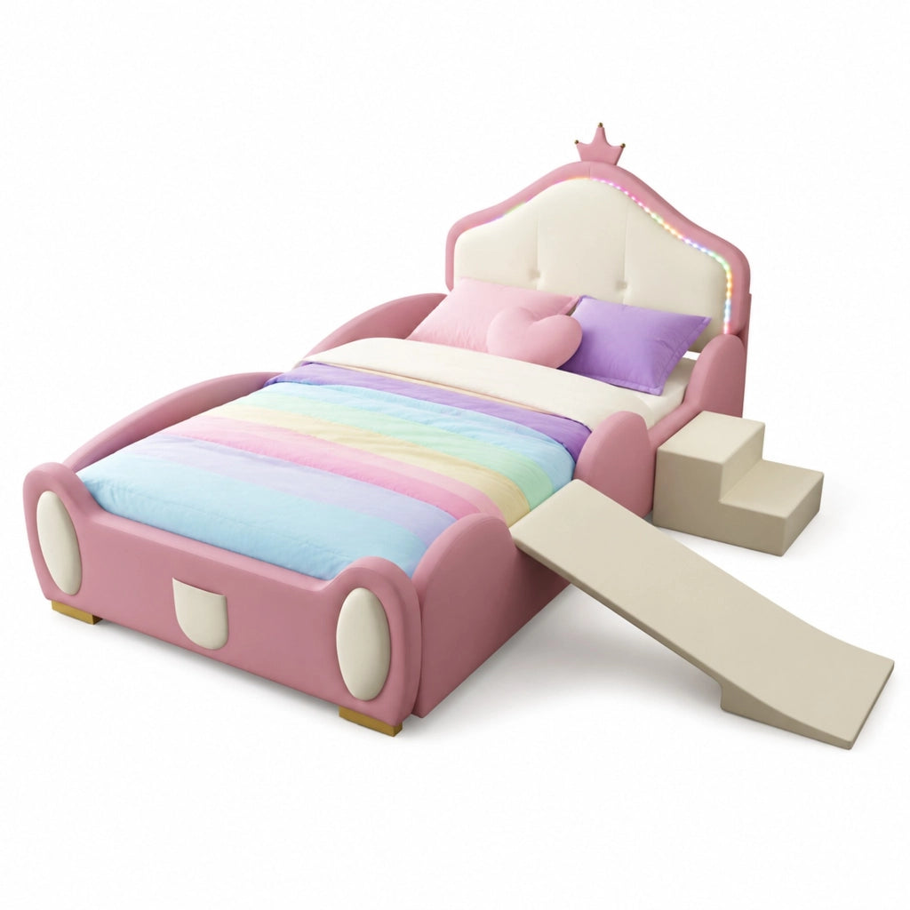 Letto per bambini imbottito 90x200 cm con scivolo; scala e LED multicolore; rosa e beige