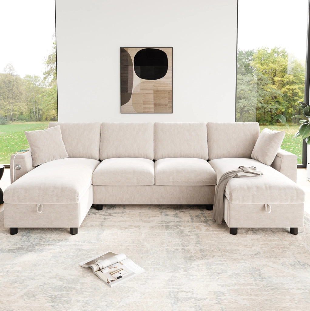 Divano a U 279x135 cm in ciniglia beige con contenitore e porte USB e USB-C