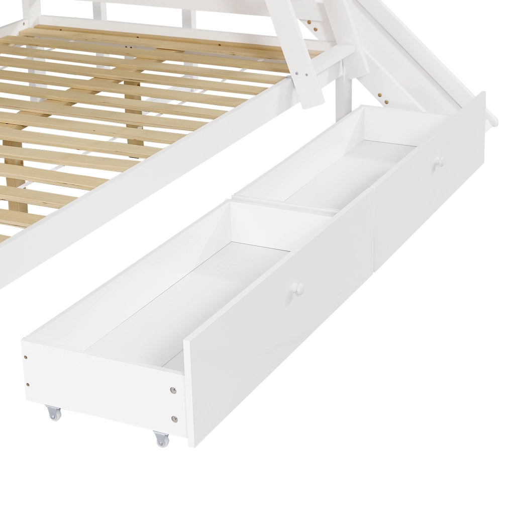 Letto contenitore per bambini 90x200+120x200 cm con scivolo, scala e rete a doghe in legno di pino bianco, senza materasso