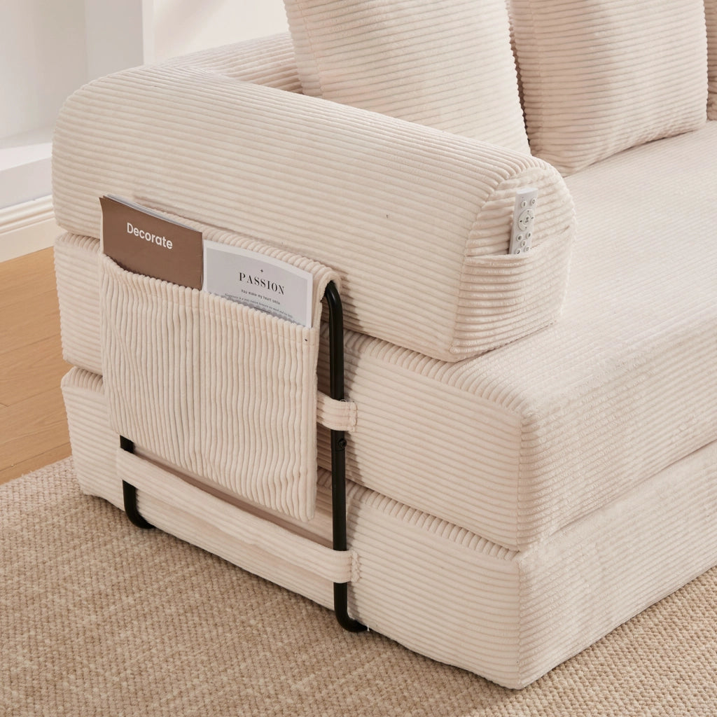 Divano modulare beige in velluto a coste con struttura in metallo e 3 cuscini