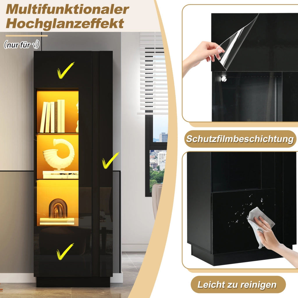 Vetrina 60 × 40 × 180 cm con LED controllato da app 5 vani porta in acrilico nera lucida con ripiani in vetro