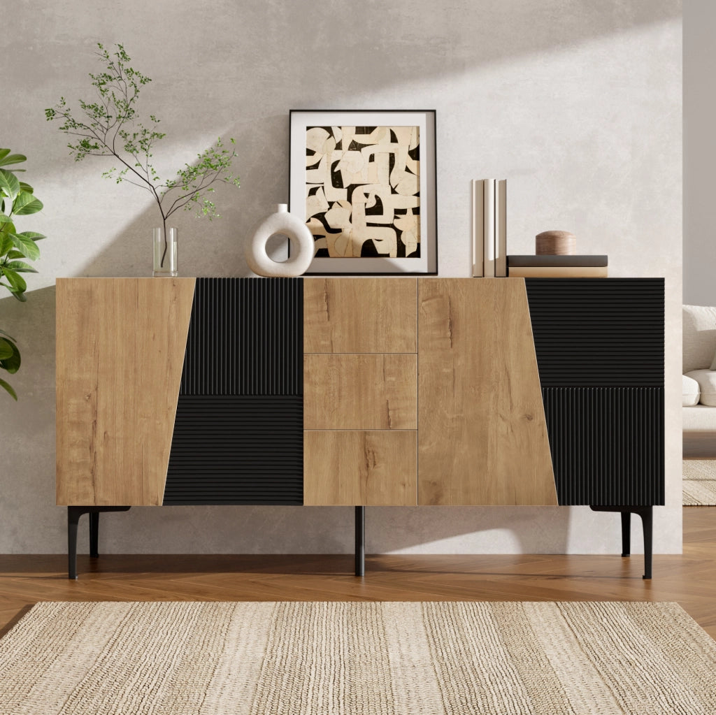 Credenza con 4 ante e 3 cassetti, effetto legno naturale e nero