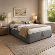 Letto contenitore 90 ¡Á 200 cm con ricarica USB e Type-C base continua in legno rivestito in lino naturale