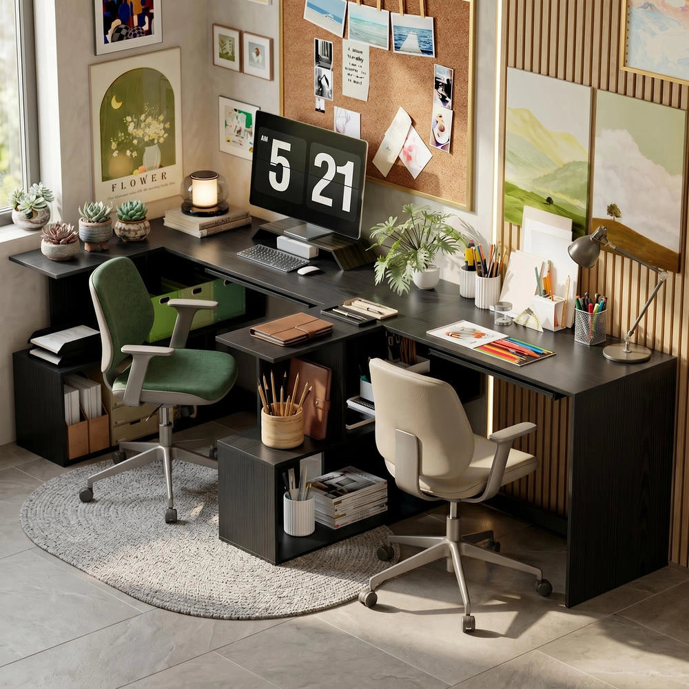 Scrivania Angolare per Computer a L con Ripiano Tastiera e 4 Scomparti Salvaspazio 120 x 100 x 76 cm Nero