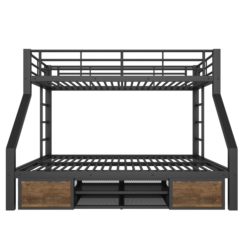 Letto a castello per bambini 90x200+140x200 cm; con scarpiera e vani portaoggetti; in metallo e MDF; nero; senza materassi