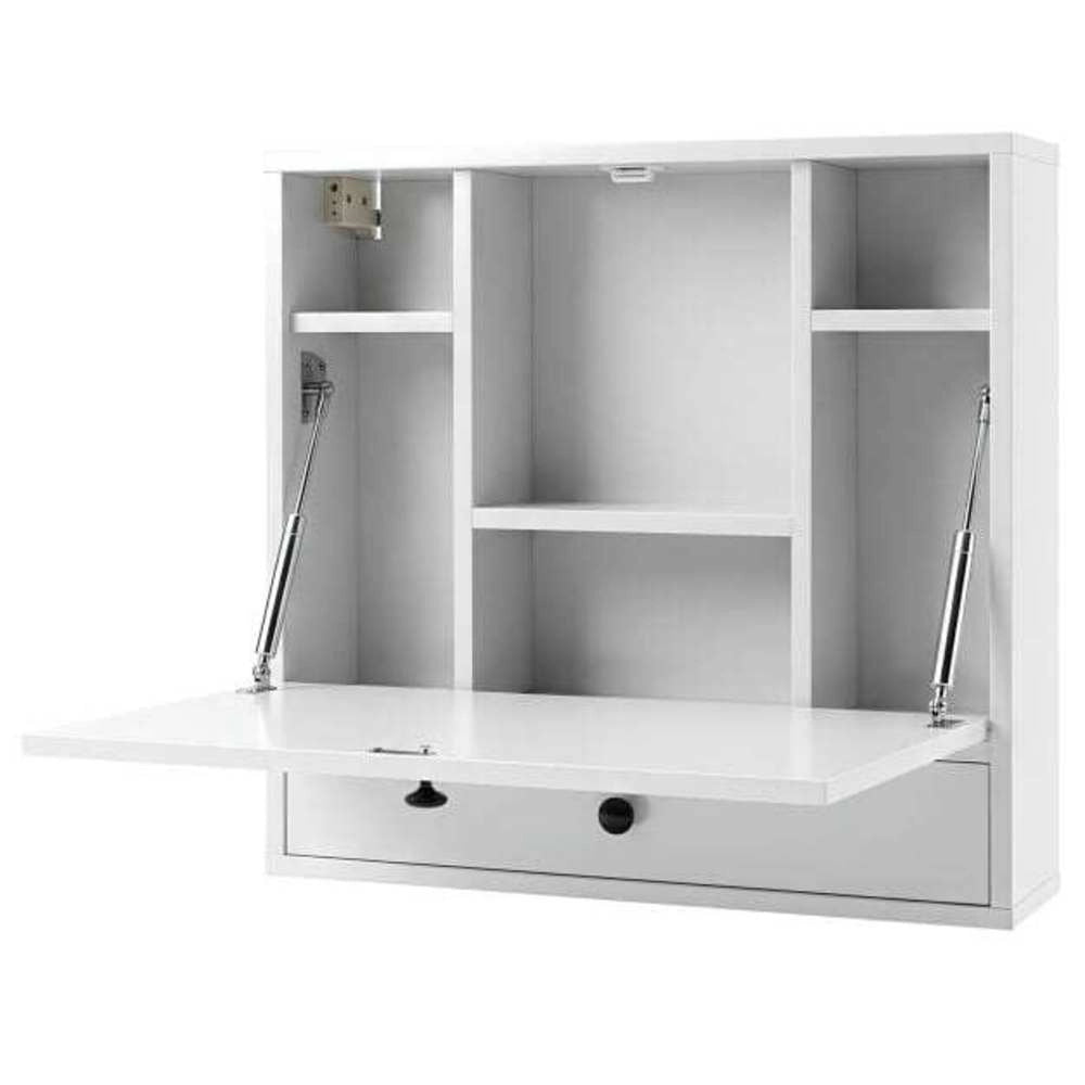 Scrivania a Muro Pieghevole Sospesa per Computer con Cassetto e 6 Vani Tavolo Salvaspazio Bianco