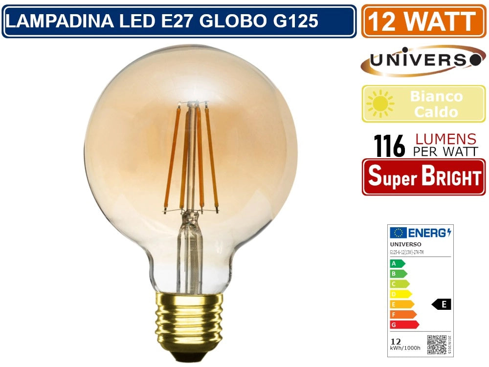 LAMPADINA LED GLOBO G125 A FILAMENTO VINTAGE 12W E27 VETRO AMBRATO LUCE CALDA 2600K