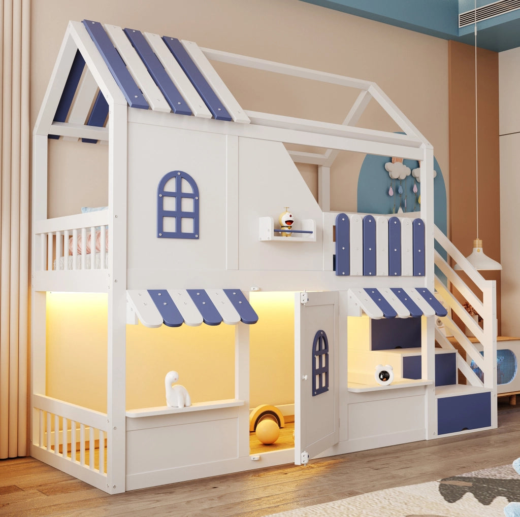Letto a castello per bambini 90x200 cm con LED; ripiani e scala contenitore; bianco e blu