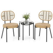 Set da bistro da giardino 3 pezzi in rattan PE e metallo con tavolino in vetro temperato e 2 sedie marrone per balcone e terrazza