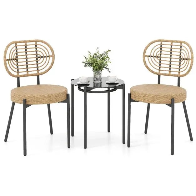 Set da bistro da giardino 3 pezzi in rattan PE e metallo con tavolino in vetro temperato e 2 sedie marrone per balcone e terrazza