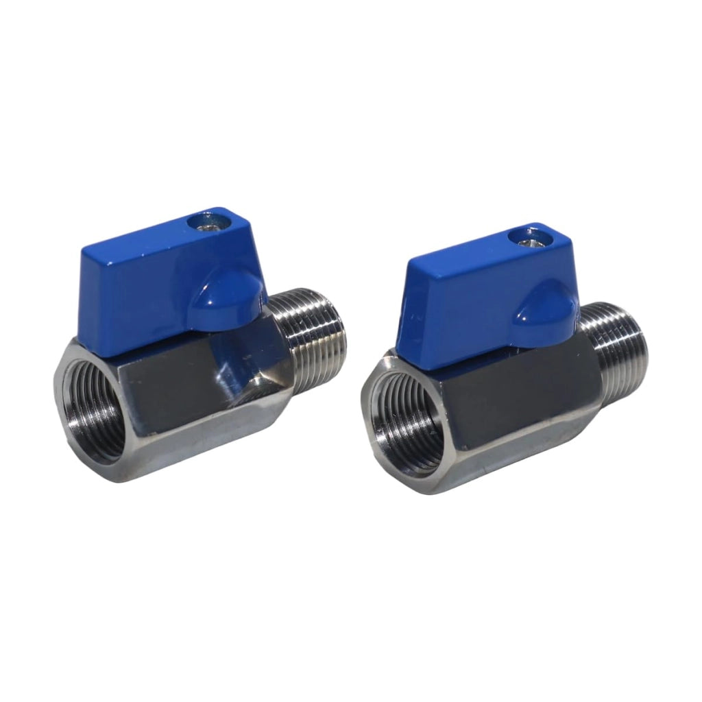 Valvole a sfera mini, 3/8 di pollice, 2 pezzi, con filettatura esterna e filettatura interna, con maniglia blu
