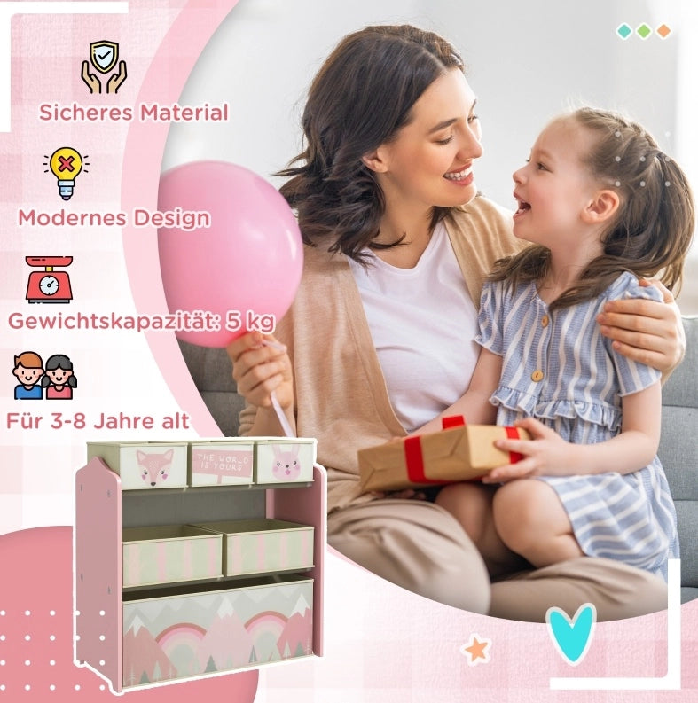 Scaffale per bambini con 6 scomparti, rosa, 63 × 30 × 66 cm