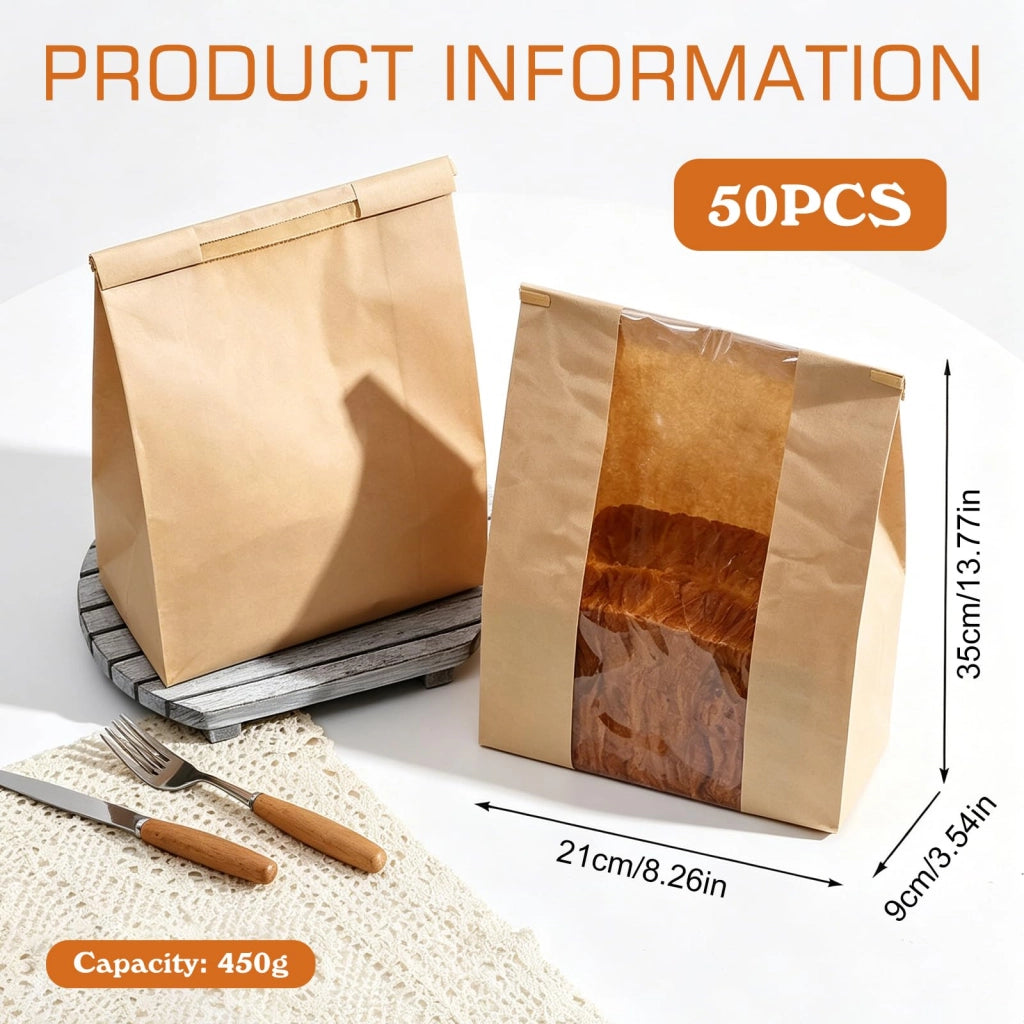 50 sacchetti di carta kraft grandi con finestra, dimensioni 35x21x9 cm