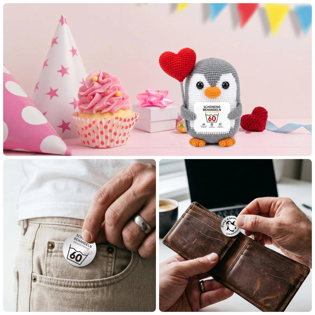 Pinguino portafortuna all'uncinetto, con moneta e astuccio