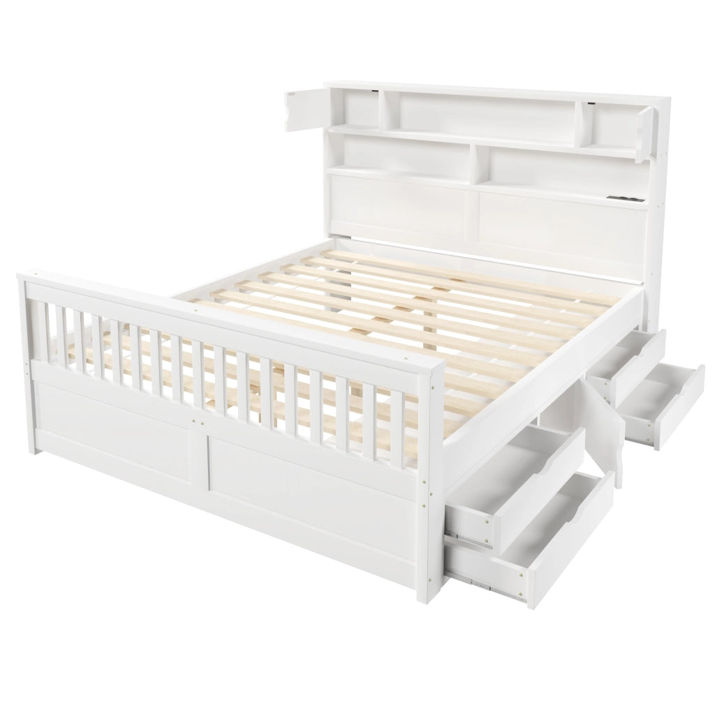 Letto con cassetti 160 × 200 cm con quattro cassetti; testiera libreria LED in MDF e compensato bianco
