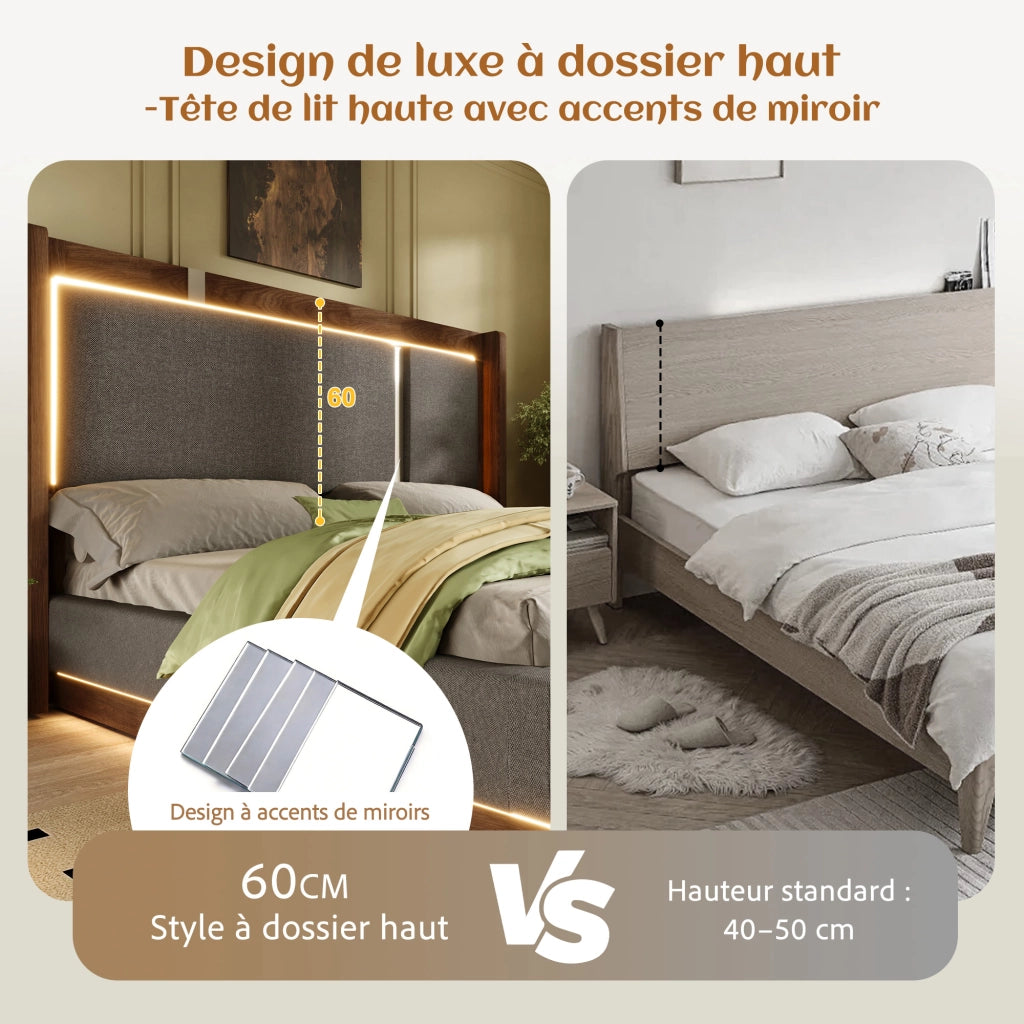 Letto con contenitore 180 ¡Á 200 cm con LED e rete a doghe in legno e metallo rivestito in lino beige e noce