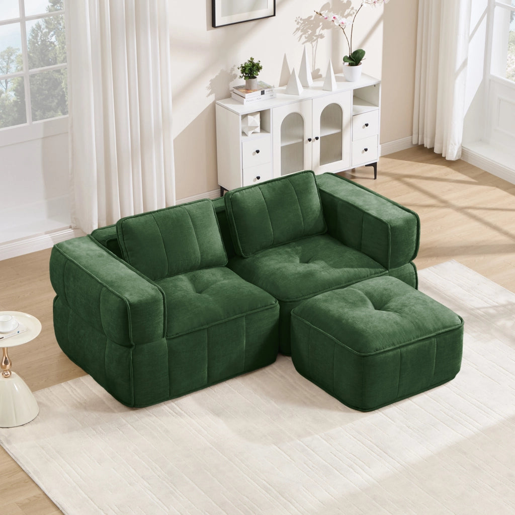 Divano modulare con pouf verde in poliestere, 198 x 162 x 67 cm