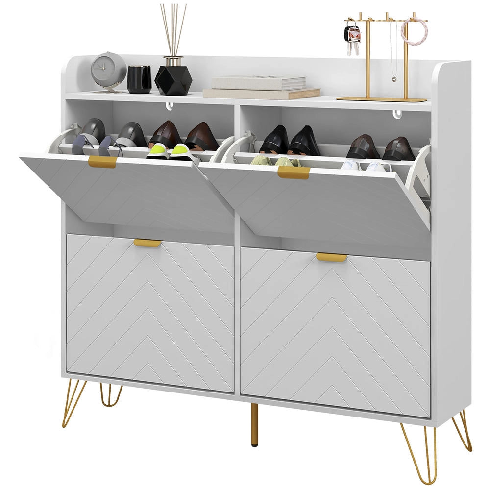 Scarpiera Salvaspazio a 4 Ante a Ribalta con Ripiani Regolabili, Mobile Porta Scarpe con Piedi in Acciaio Bianco 106 x 24 x 102 cm