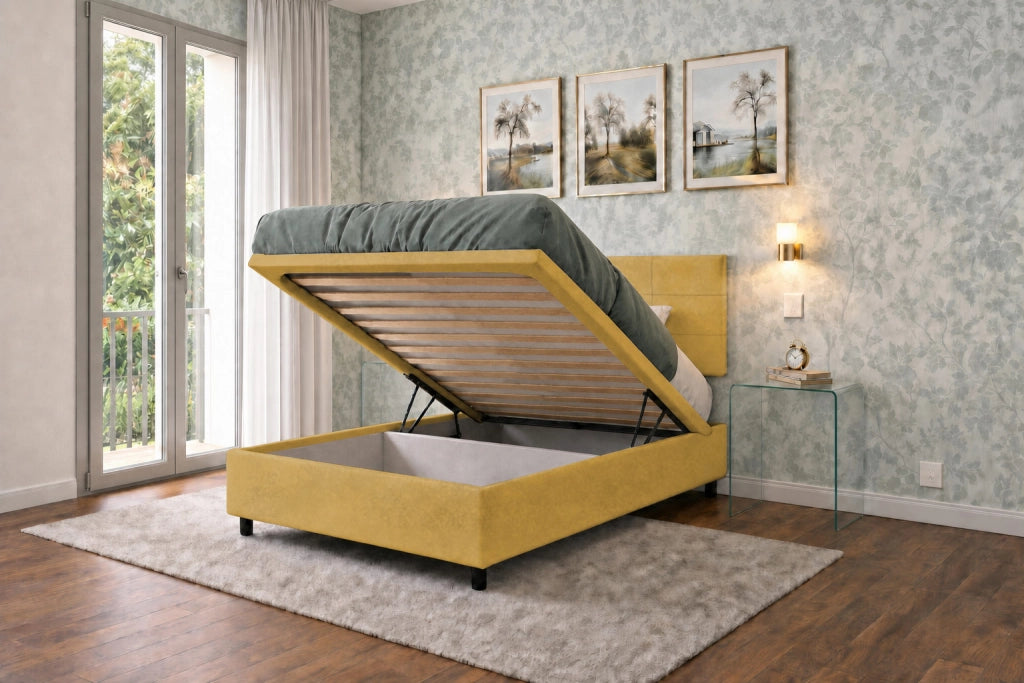 Letto Singolo Contenitore Imbottito 80x200 cm Microfibra Ocra BoxMax Testata Square
