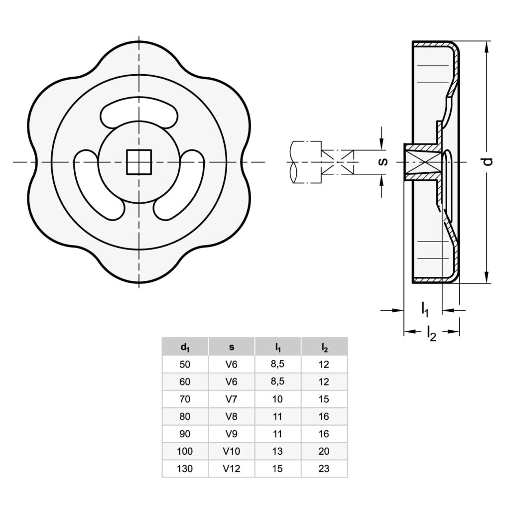 Volantino in lamiera, volantino per valvole, maniglia per valvole, valvola di intercettazione, 2 pezzi, GN 227.6-ST-70-V7-SW, diametro 70 mm, attacco quadro V7