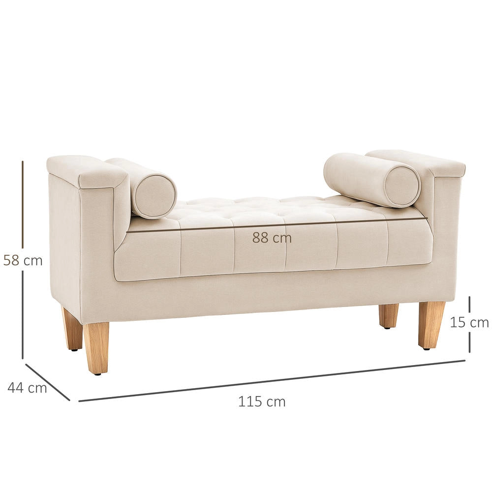 Panca Imbottita Vintage in Ciniglia Beige con 2 Cuscini e Braccioli per Ingresso e Camera da Letto 115 x 44 x 58 cm