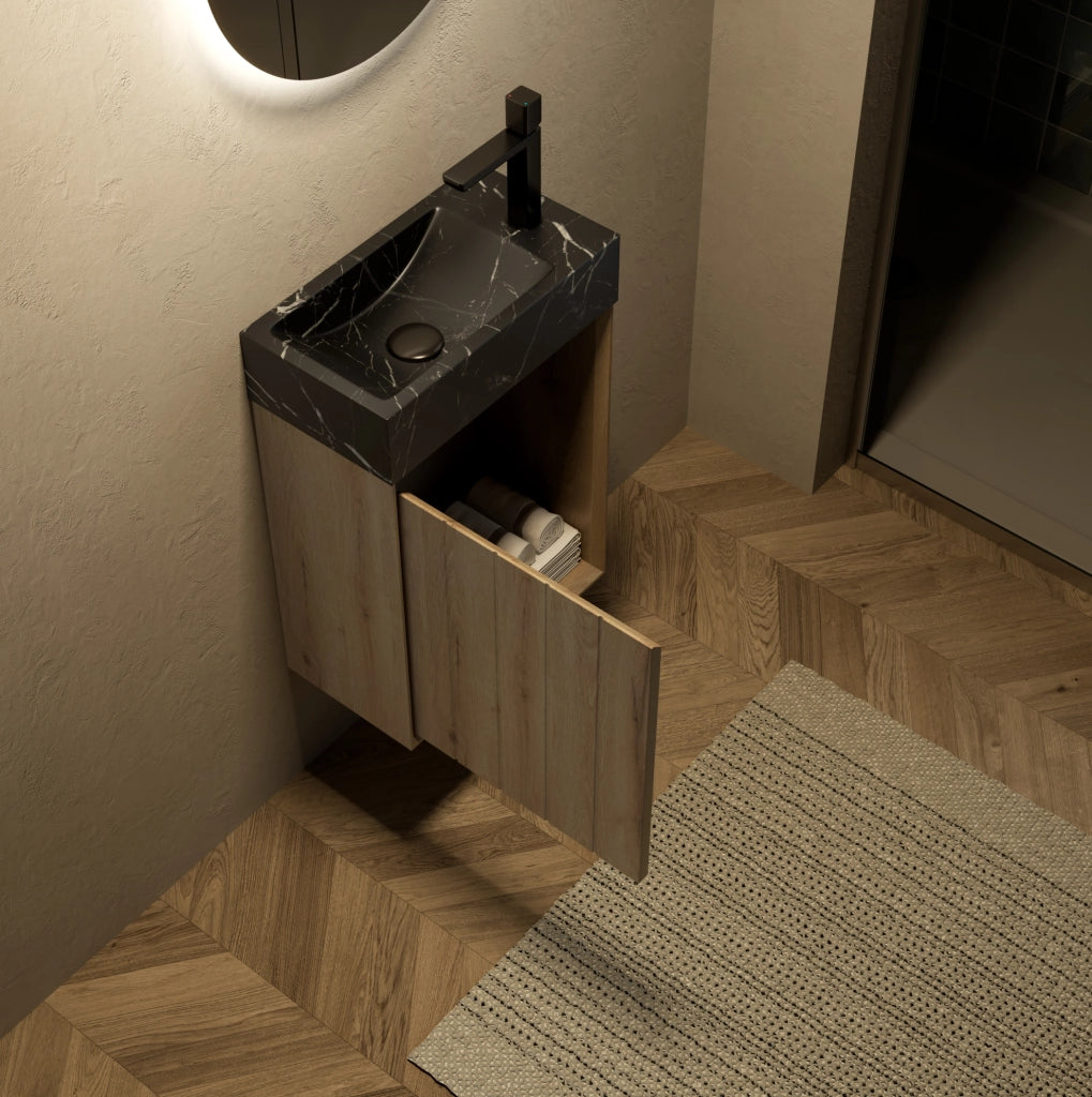 Mobile bagno con lavandino in marmo nero 40 cm, mobile in multistrato con porta in legno di rovere bianco effetto venatura
