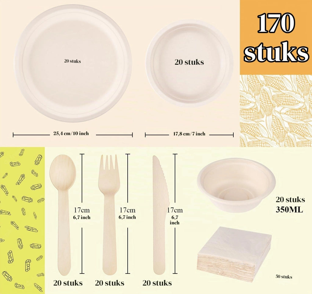Set di stoviglie usa e getta in carta, compostabile, ideale per barbecue e campeggio (170 pezzi)
