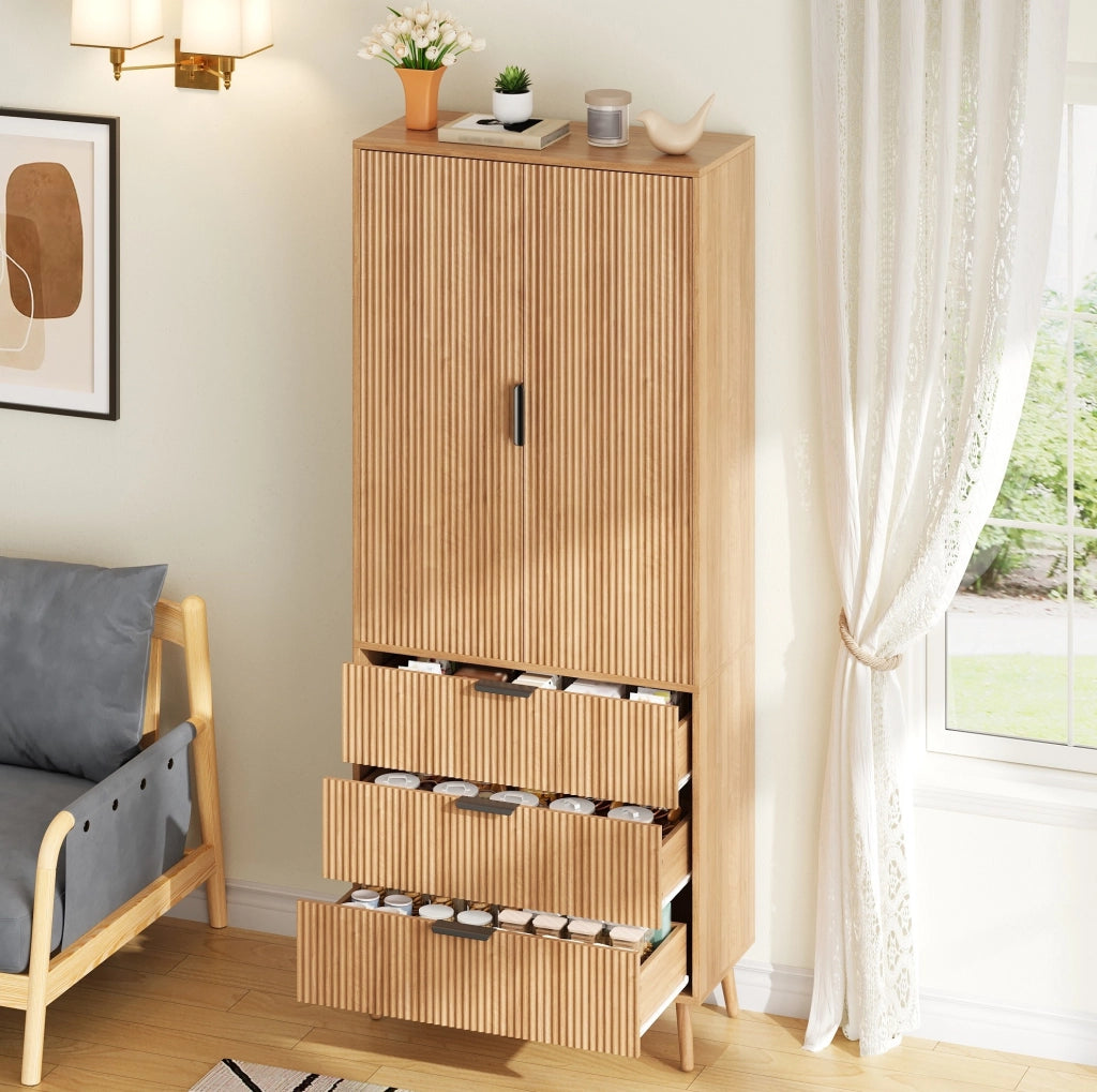 Armadio alto in MDF con 2 ante, 3 cassetti e ripiani regolabili, 75 x 35 x 180 cm