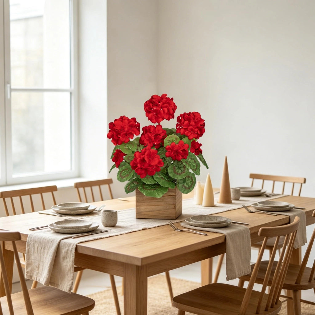 Geranio rosso artificiale in vaso di legno, altezza 40 cm, fiore di seta