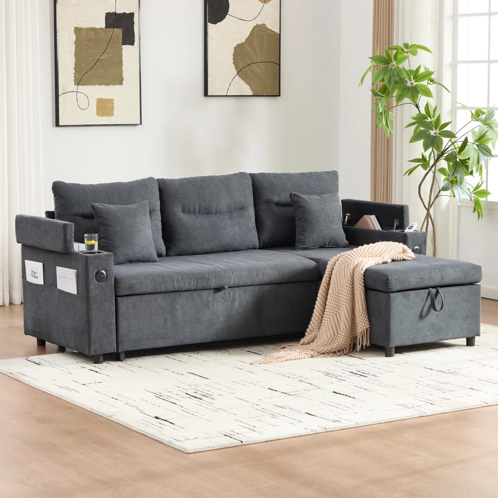Divano letto 3 posti 212;5x136 cm con chaise longue contenitore; USB-C e portabevande; lino grigio scuro