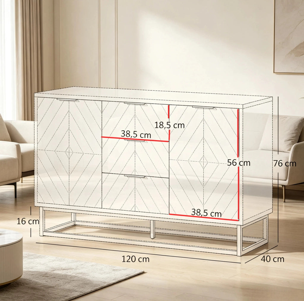 Credenza bianca e dorata con 2 vani e 3 cassetti