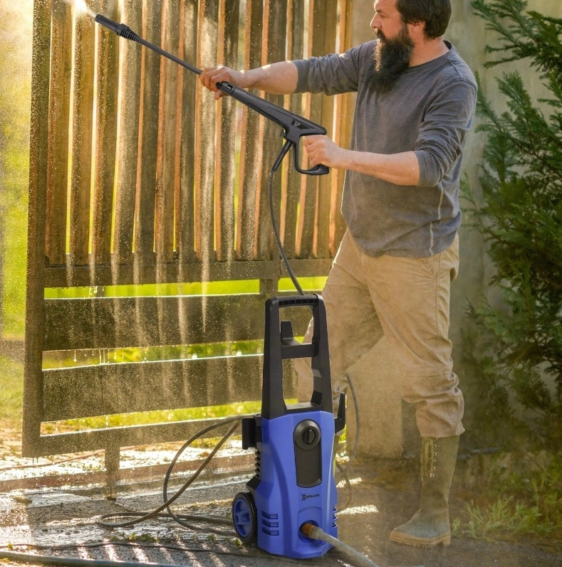 Idropulitrice 1800 W blu in alluminio, 150 bar con ruote, 5 pezzi
