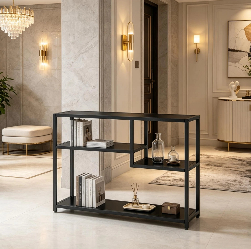 Consolle nera con ripiani aperti a 4 livelli, 110 x 30 x 85 cm