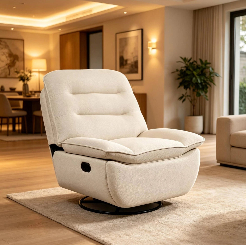 Poltrona relax girevole e dondolante beige con poggiapiedi