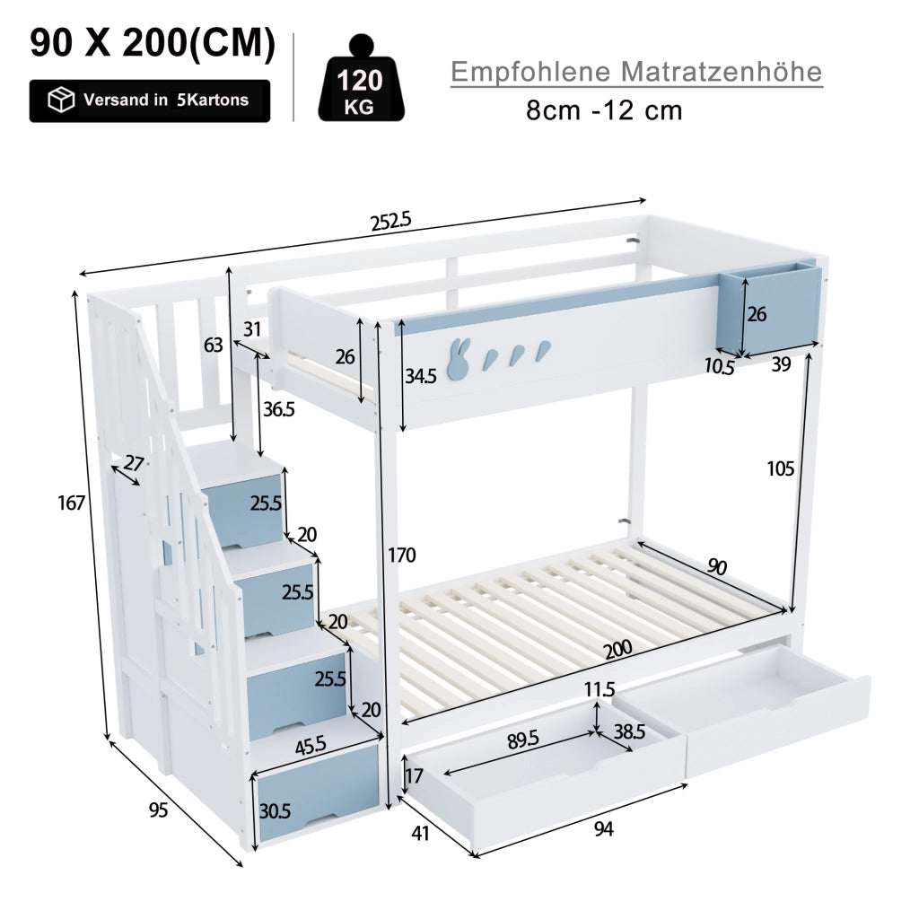 Letto a castello per bambini 90x200 cm bianco e blu con scala contenitore
