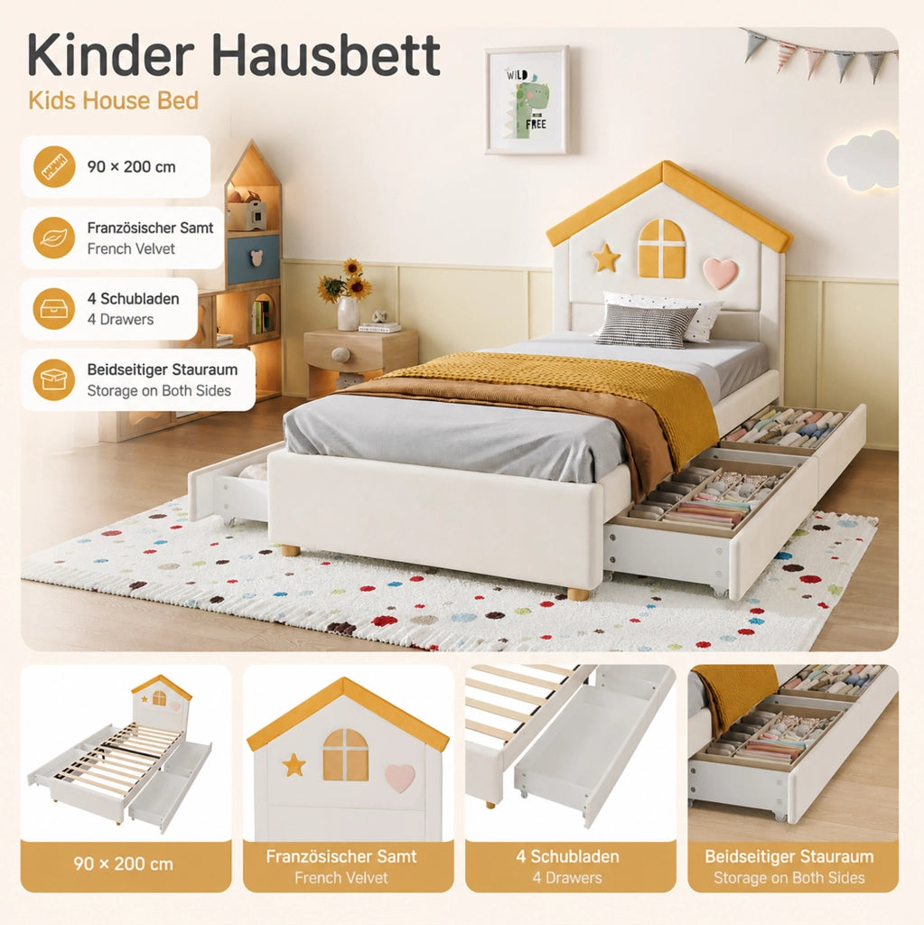 Letto imbottito per bambini 90 x 200 cm beige con 4 cassetti