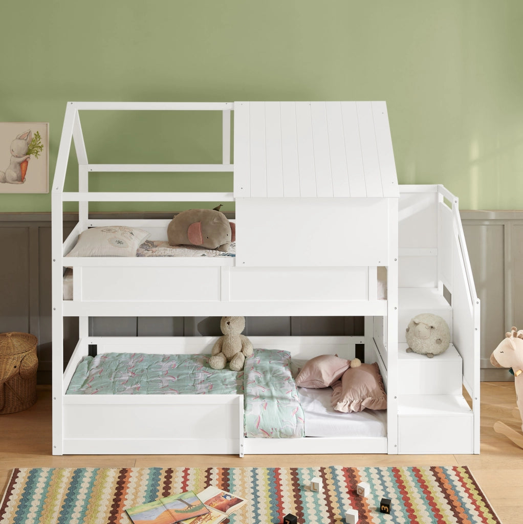 Letto a castello in legno massello bianco con scala e tettoia