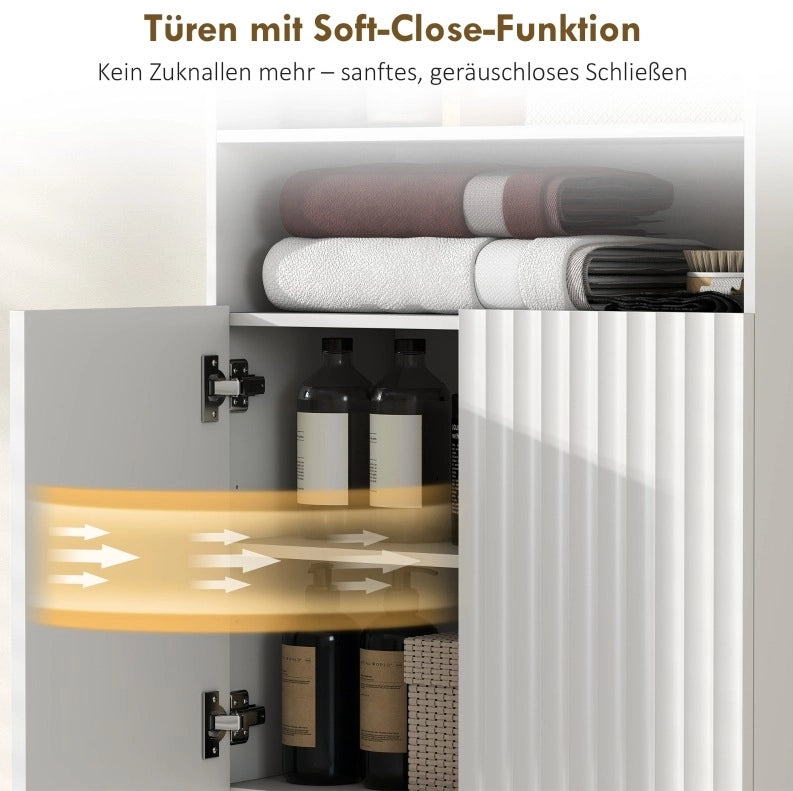 Mobile bagno bianco in MDF con ante soft-close, 2 ripiani aperti e gambe dorate