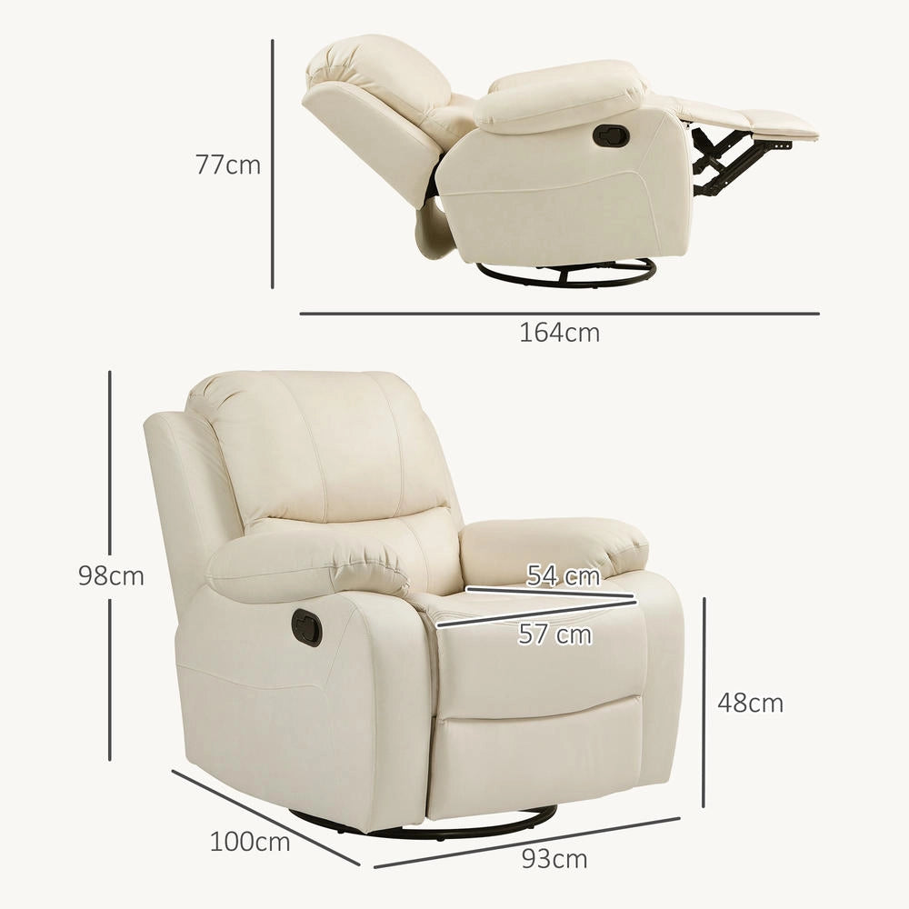 Poltrona relax reclinabile girevole con poggiapiedi e struttura in acciaio, per soggiorno, 93x100x98 cm, bianco crema