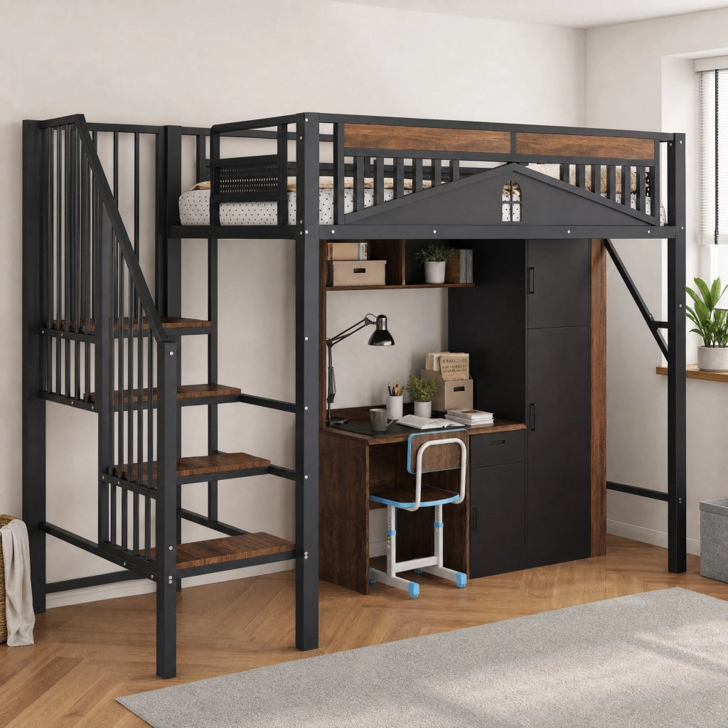 Letto a castello in metallo 90x200 cm con ringhiera di sicurezza e scaletta, nero