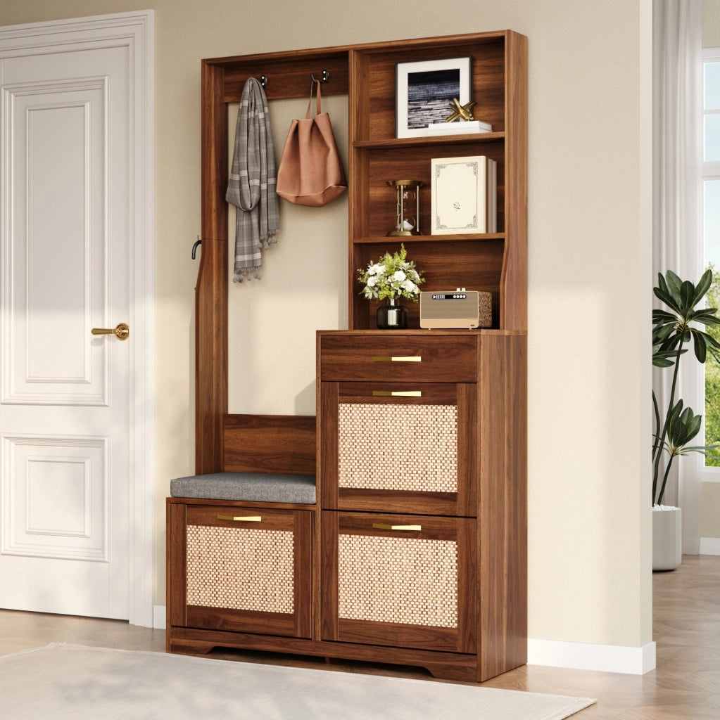 Mobile ingresso 100x30x170 cm in MDF noce con panca e scarpiera