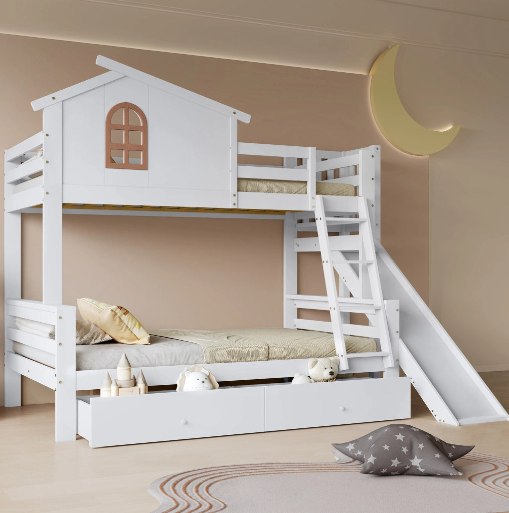 Letto contenitore per bambini 90x200+120x200 cm con scivolo, scala e rete a doghe in legno di pino bianco, senza materasso